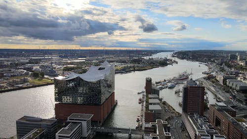 Drone Shot of River, City and Harbor